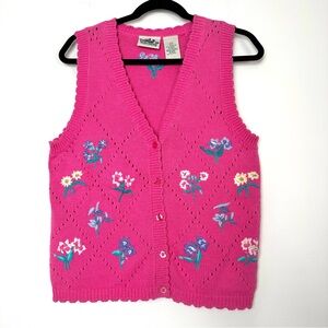 Cottagecore Twee Hot Pink Floral Embroidered Sweater Vest Grannycore Garden Girl